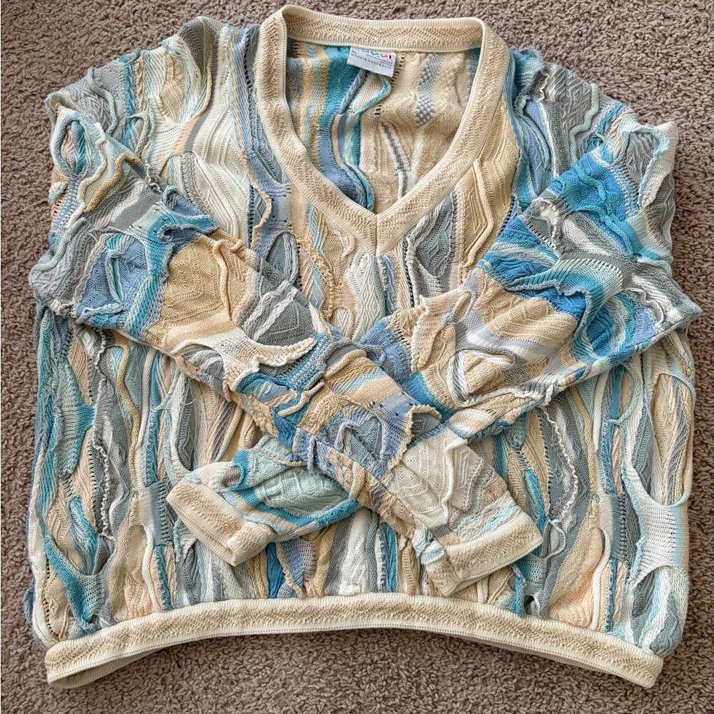 COOGI Cream and Blue V-Neck Sweater with Vertical Stripes